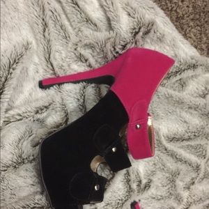 fushia and black suede 3 strap heels worn once